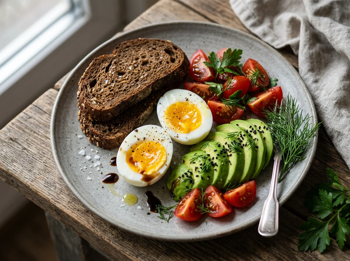 Завтрак с яйцами, авокадо, помидорами и хлебом photo