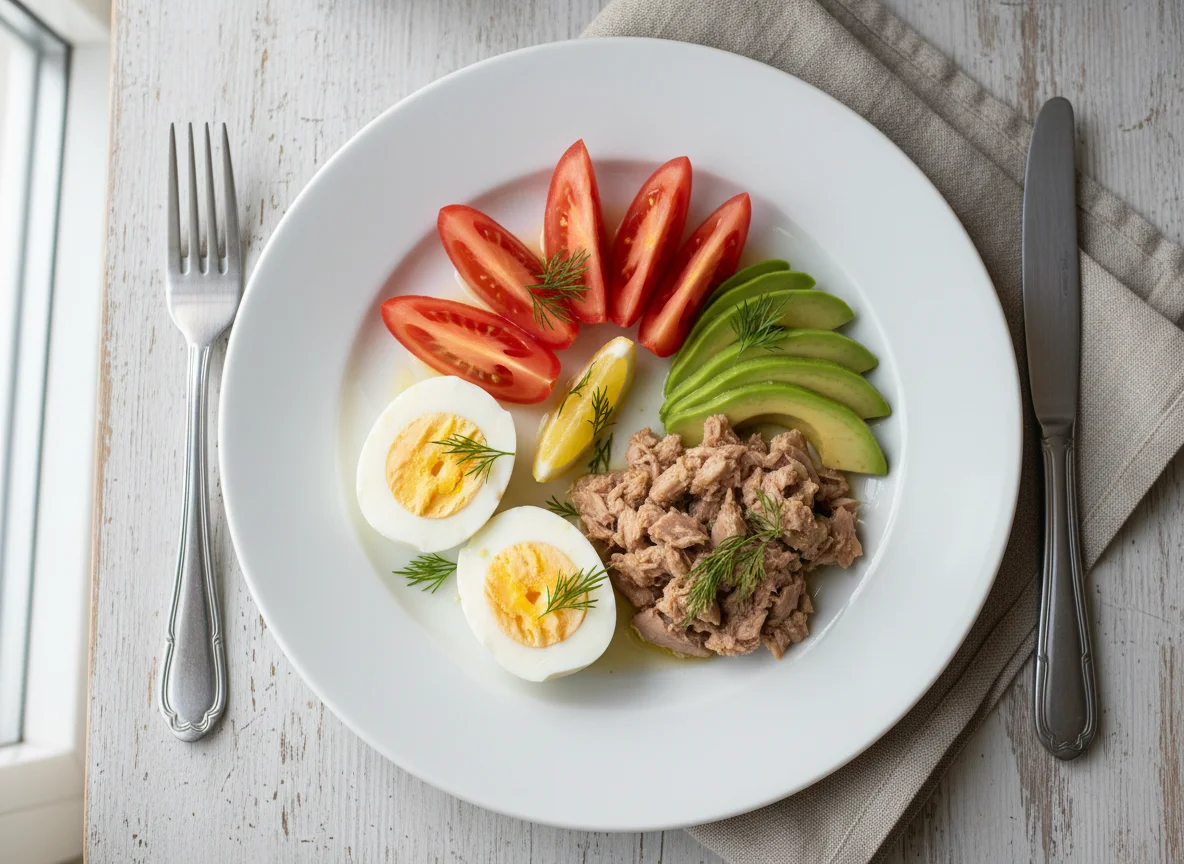 Завтрак с яйцами, авокадо, помидорами и рыбой photo