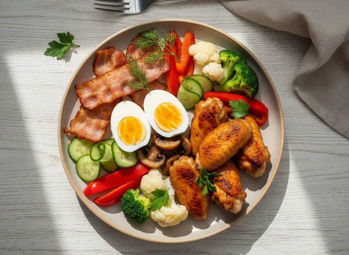 Завтрак с яйцами, беконом, куриными крылышками и овощами photo