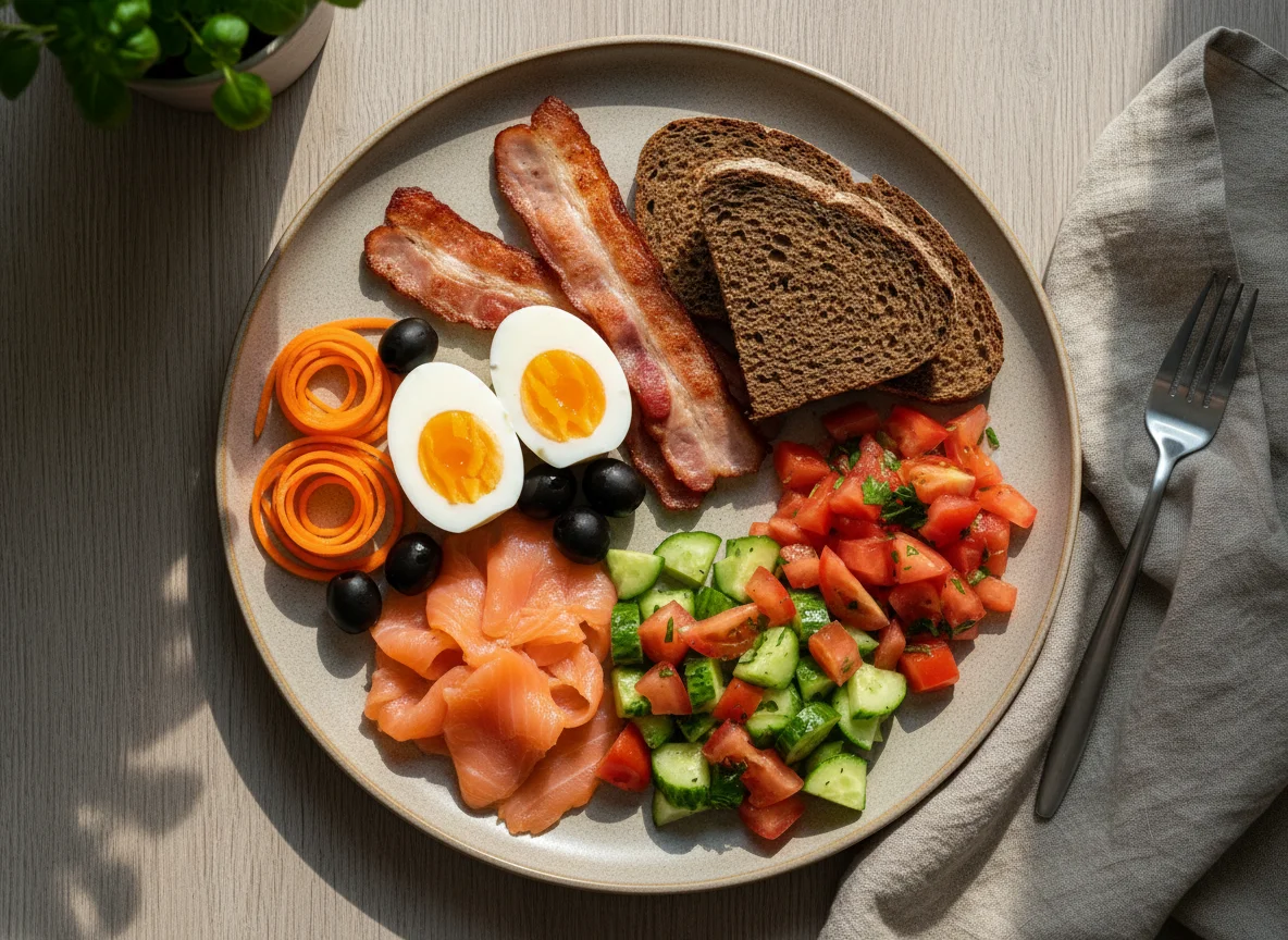 Завтрак с яйцами, беконом, лососем и овощами photo