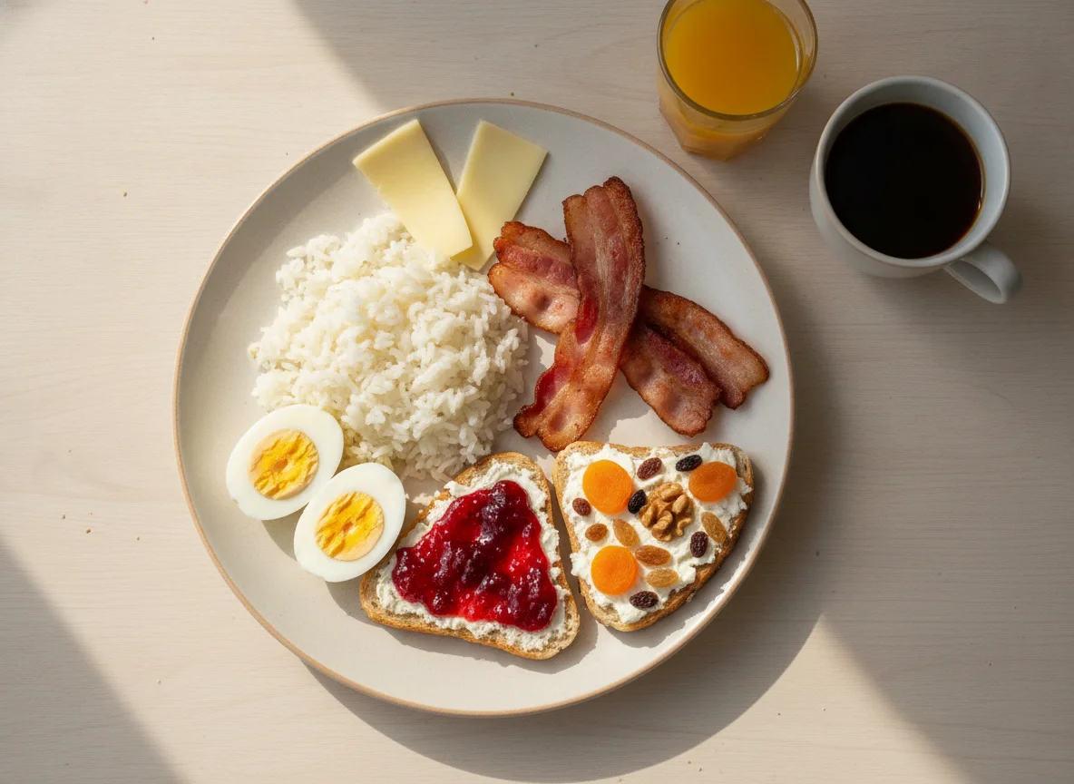 Завтрак с яйцами, беконом, рисом и тостами photo