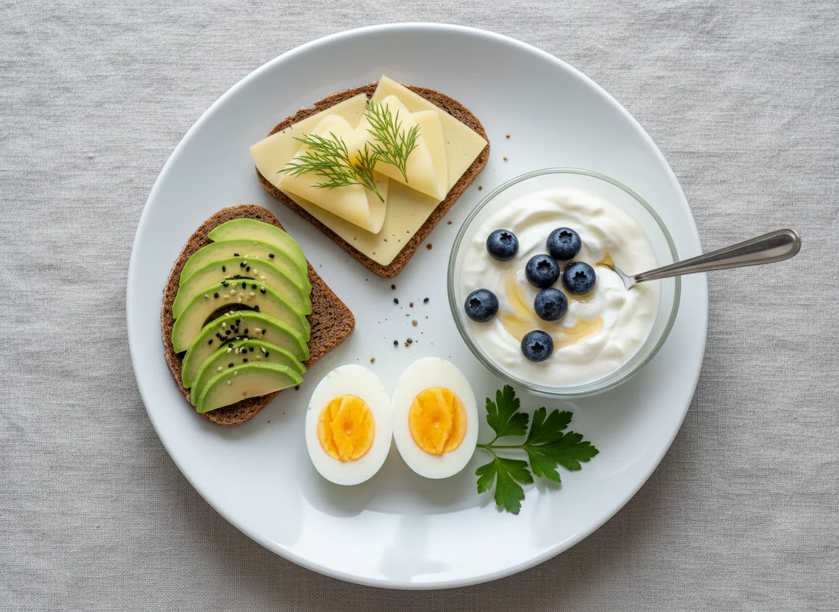 Завтрак с яйцами, бутербродами и йогуртом photo
