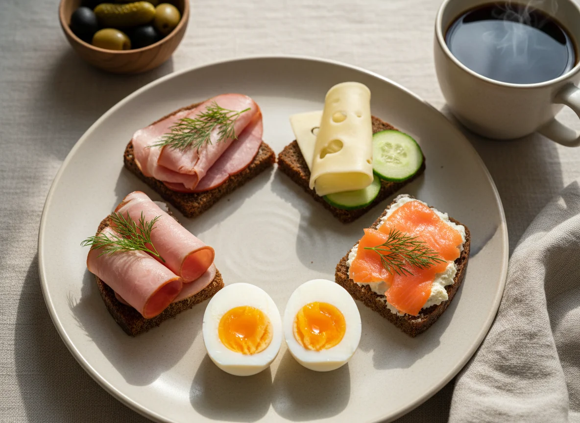 Завтрак с яйцами, бутербродами и кофе photo