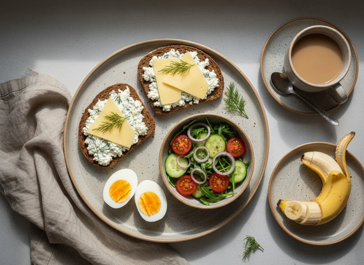 Завтрак с яйцами, бутербродами и салатом photo