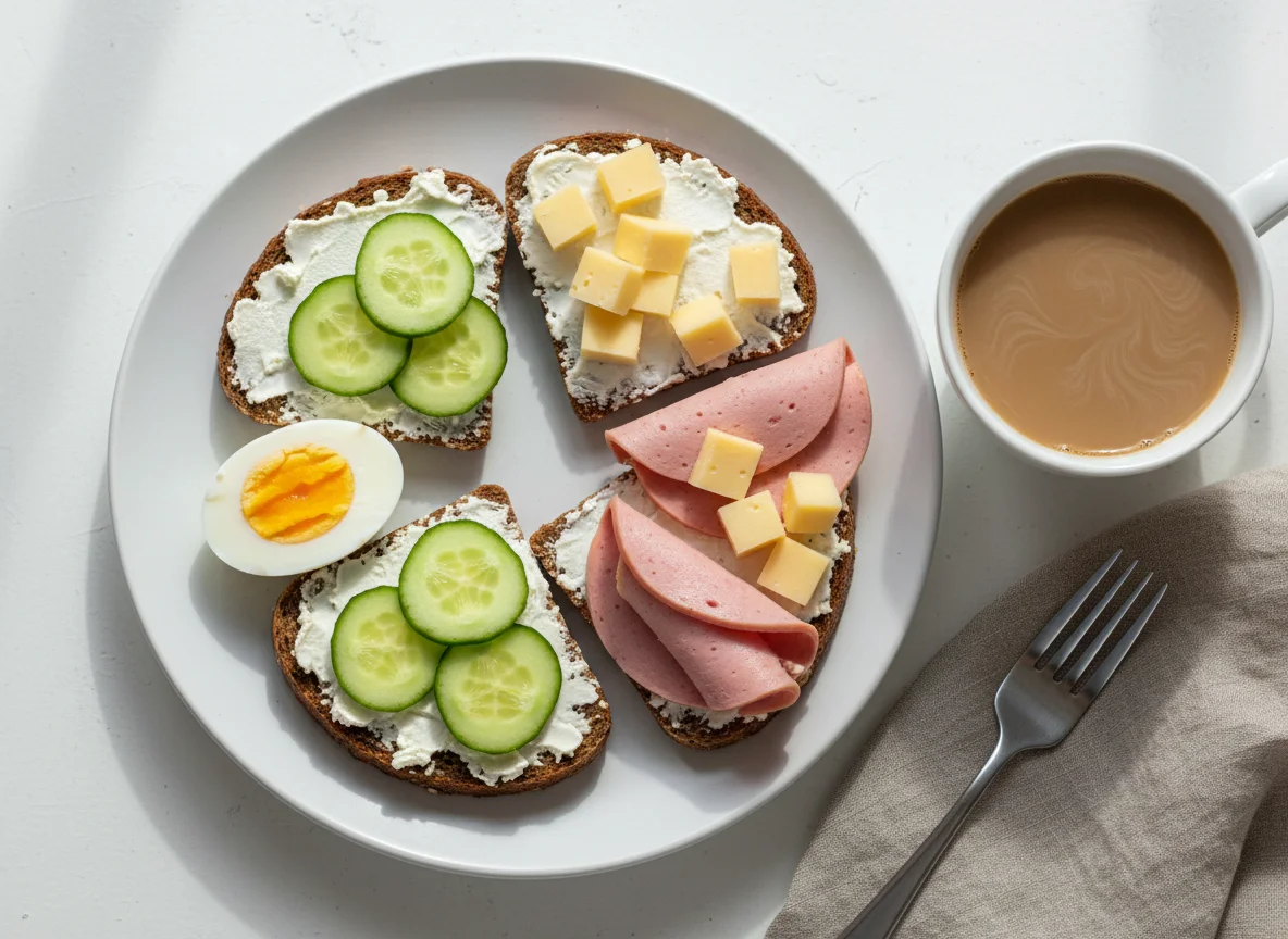 Завтрак с яйцами, бутербродами и сыром photo