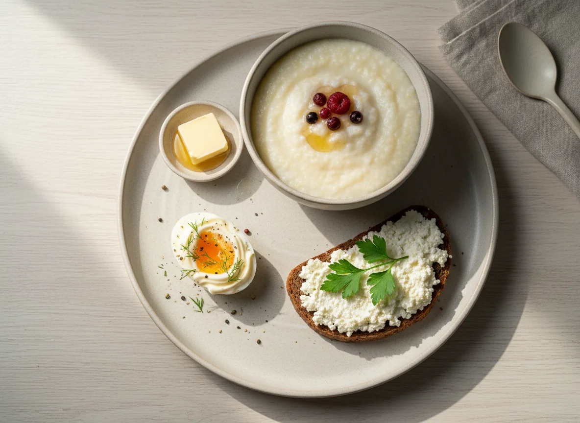 Завтрак с яйцами, бутербродом и кашей photo