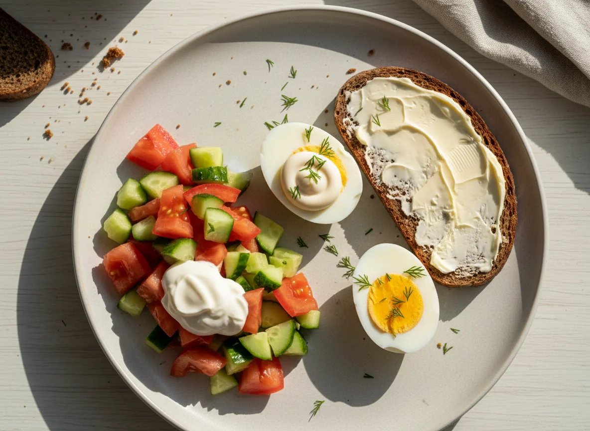 Завтрак с яйцами, бутербродом и овощным салатом photo