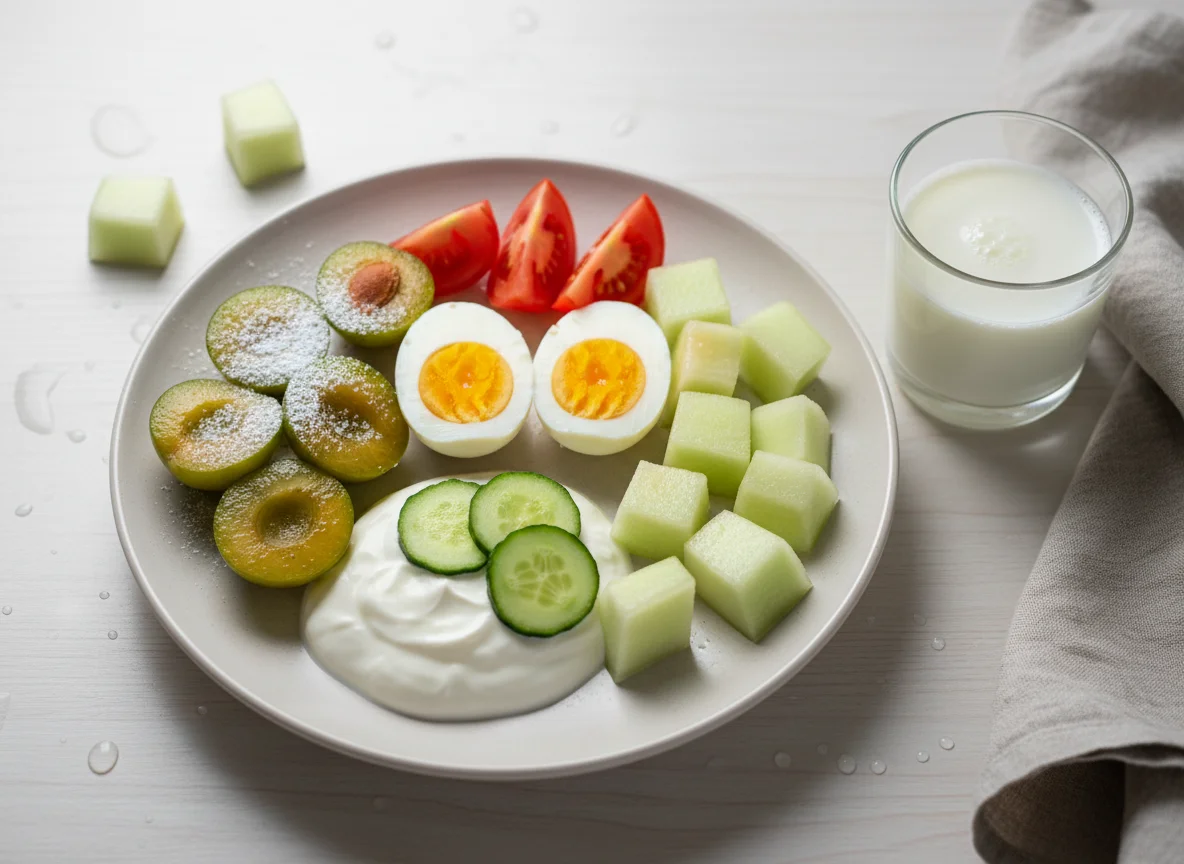 Завтрак с яйцами, фруктами и овощами photo