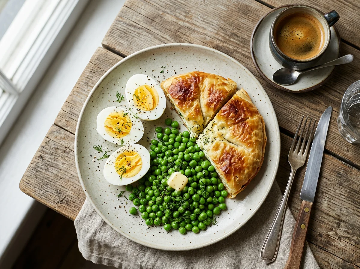 Завтрак с яйцами, горошком и выпечкой photo