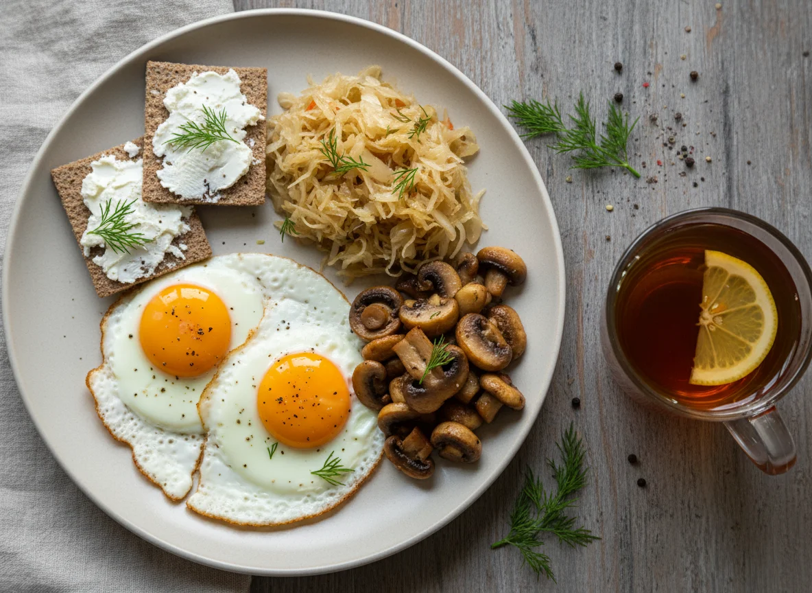 Завтрак с яйцами, грибами, квашеной капустой и чаем photo