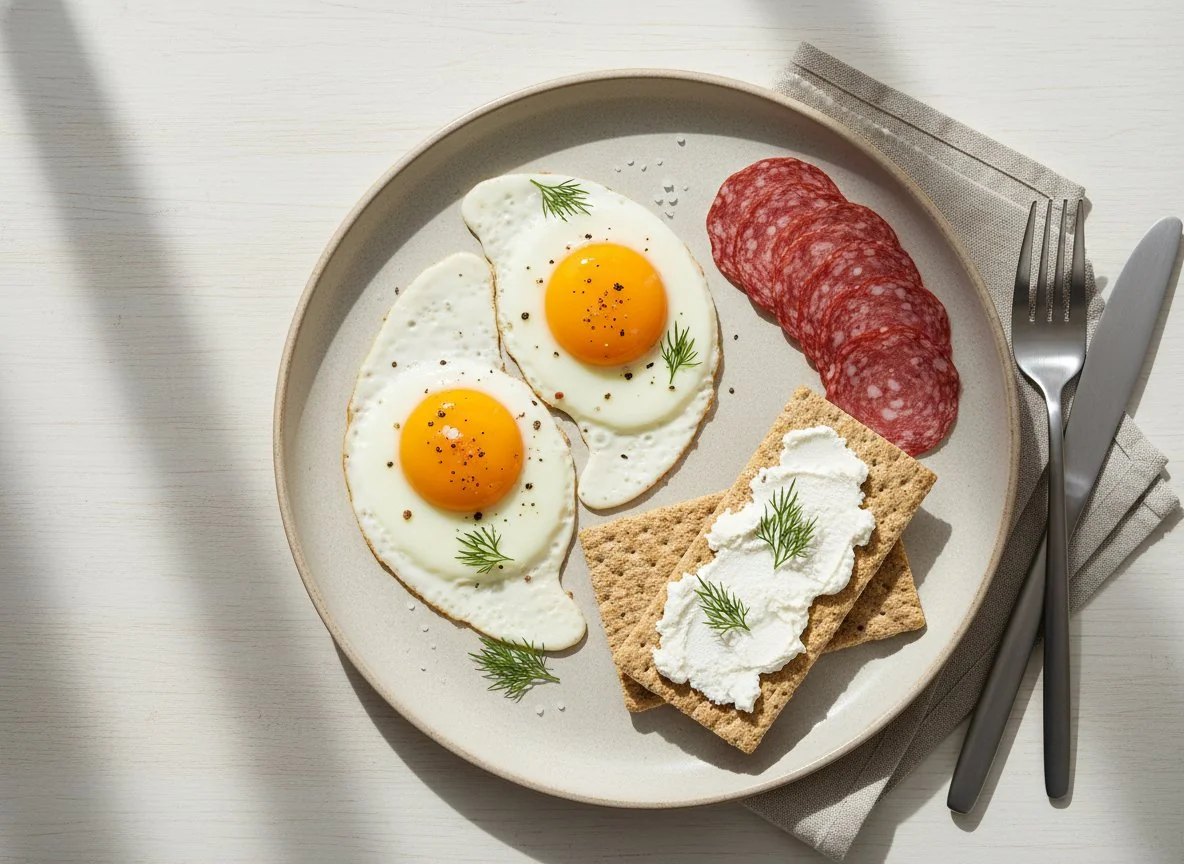 Завтрак с яйцами, хлебцами и колбасой photo