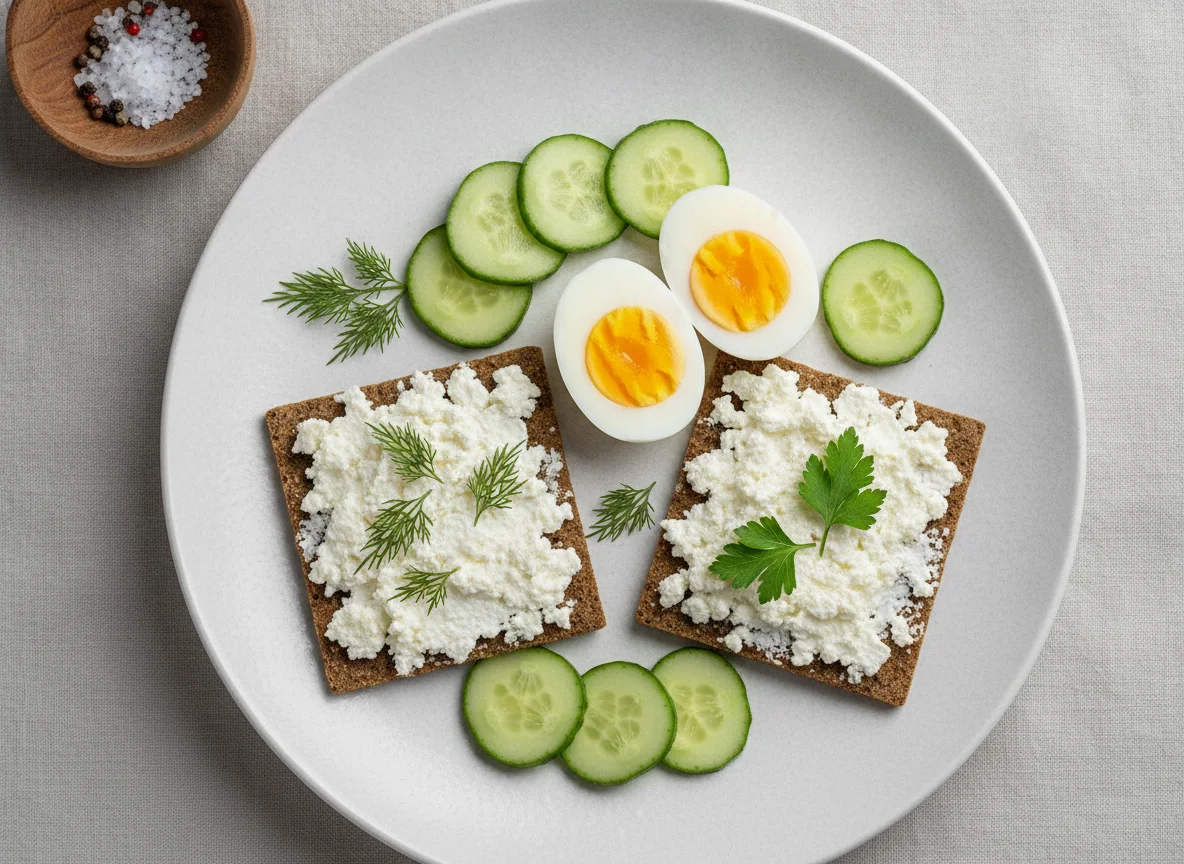 Завтрак с яйцами, хлебцами и огурцом photo