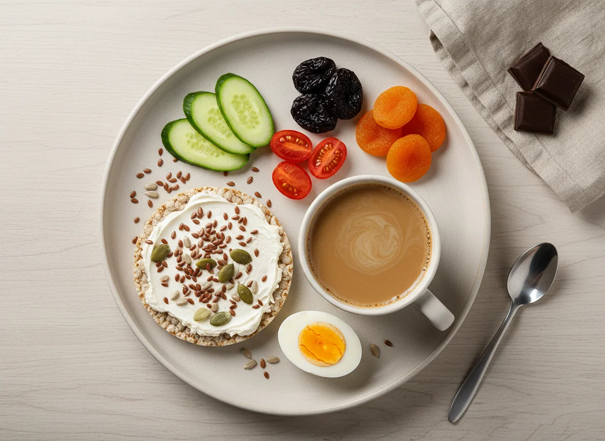 Завтрак с яйцами, хлебцами и овощами photo