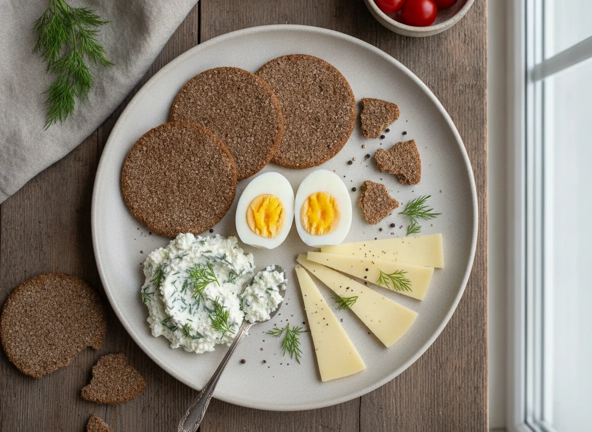 Завтрак с яйцами, хлебцами и сыром photo