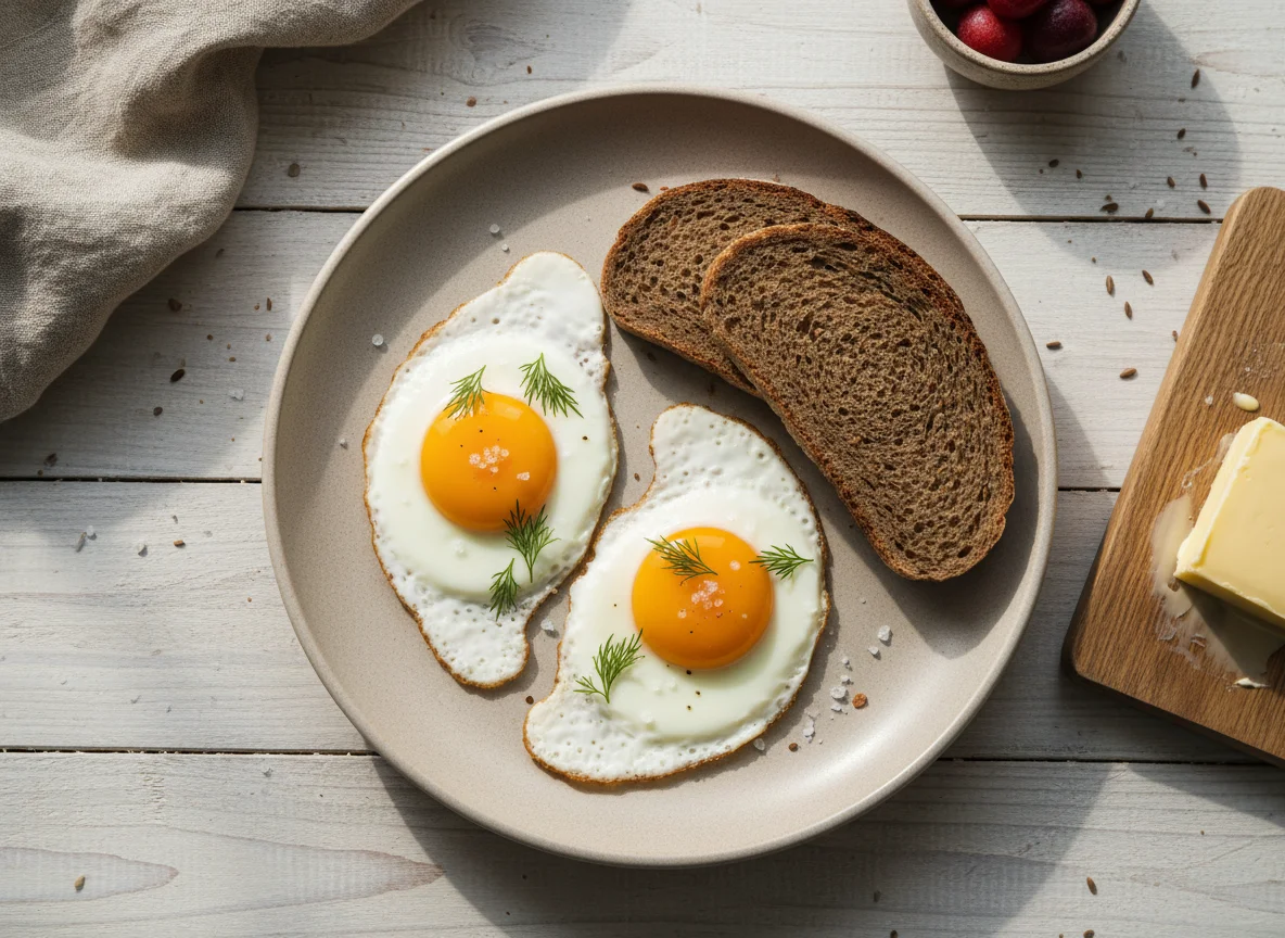 Завтрак с яйцами, хлебом и маслом photo