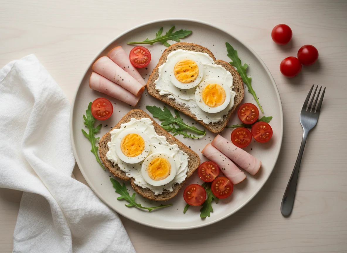 Завтрак с яйцами, хлебом и овощами photo