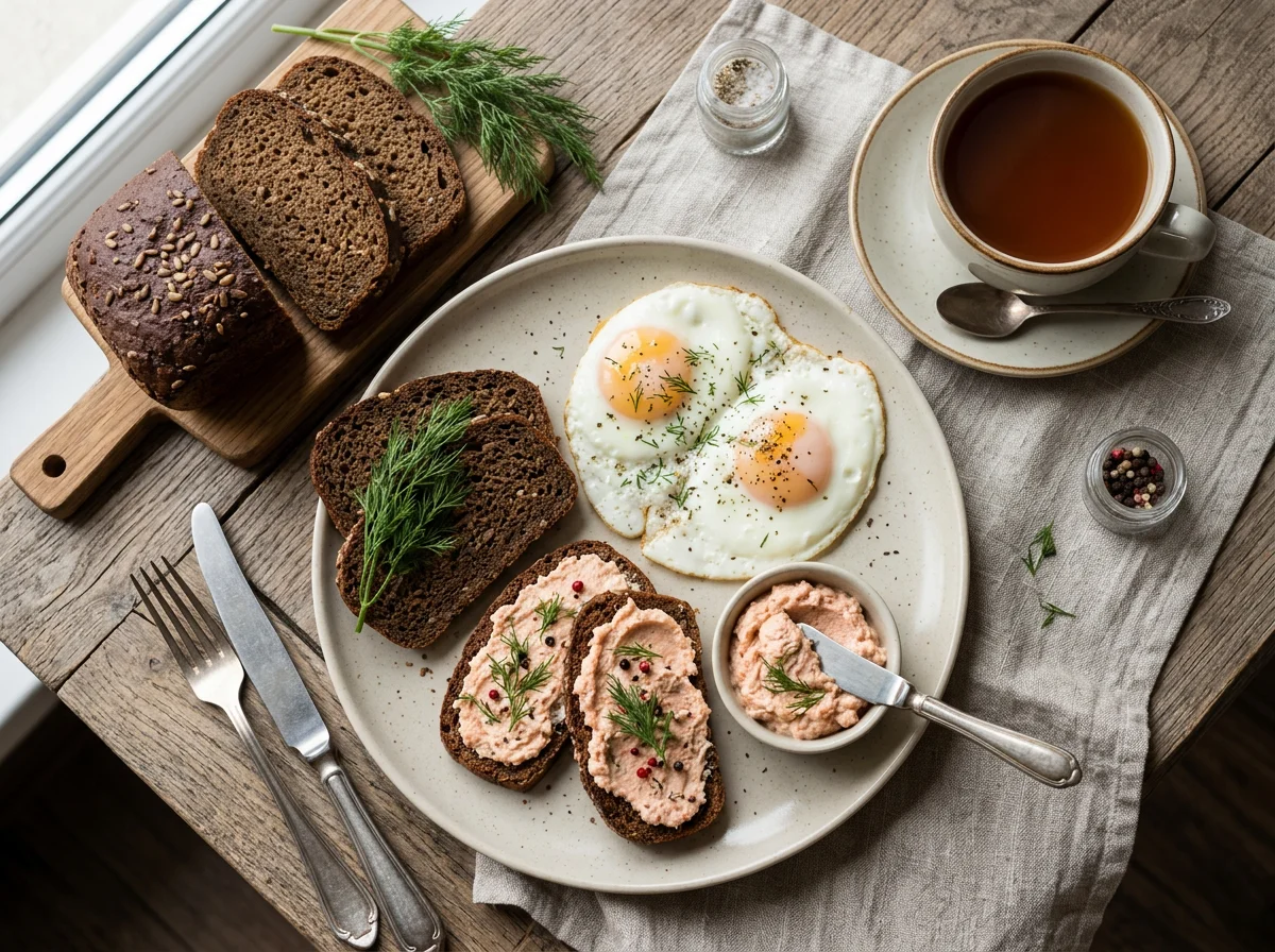 Завтрак с яйцами, хлебом и паштетом photo