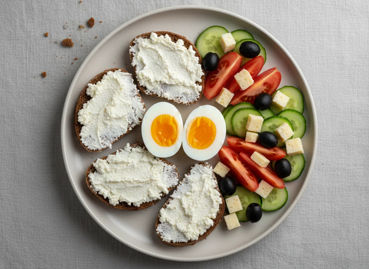 Завтрак с яйцами, хлебом и салатом photo