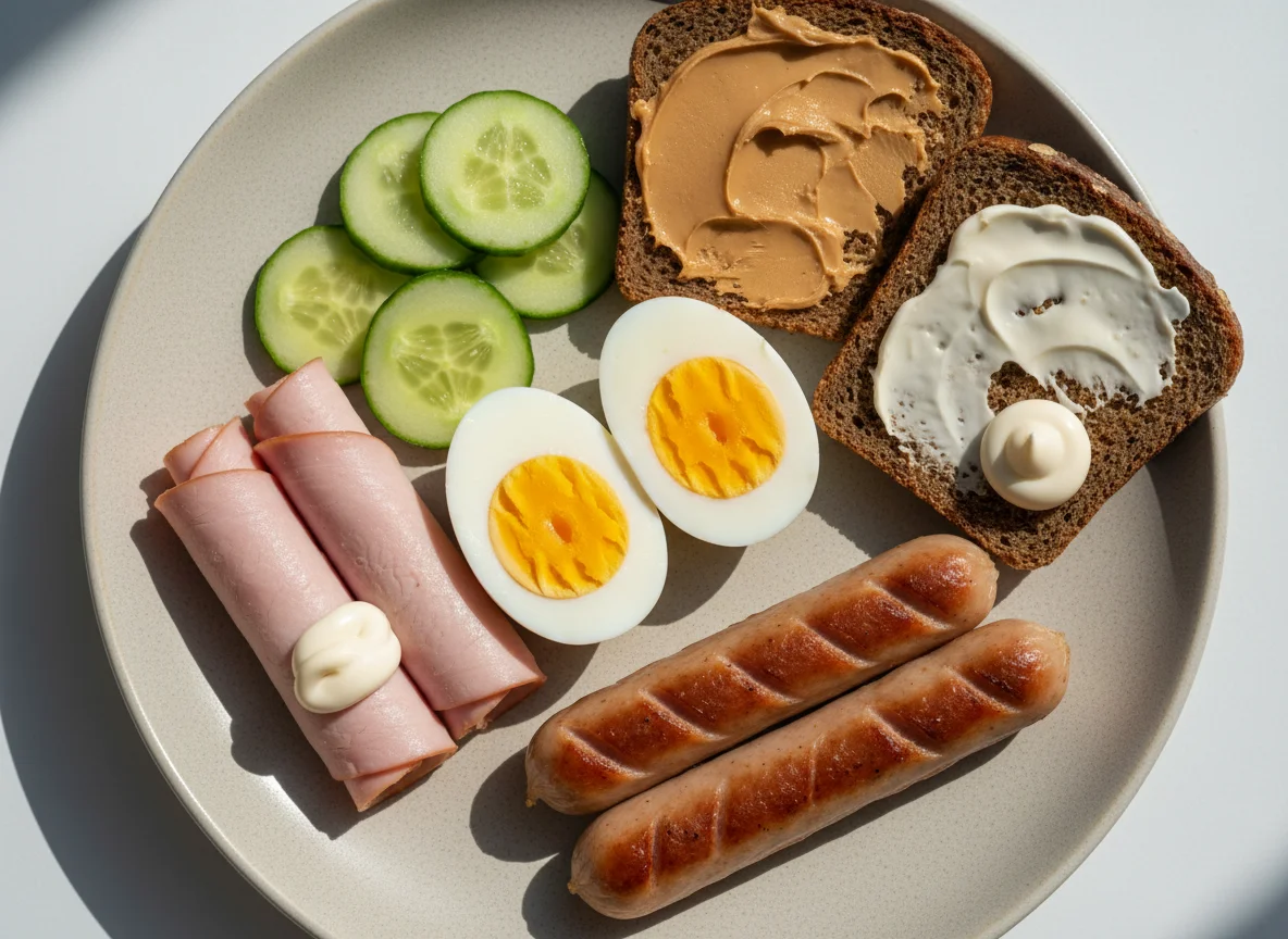 Завтрак с яйцами, хлебом, колбасой и огурцами photo