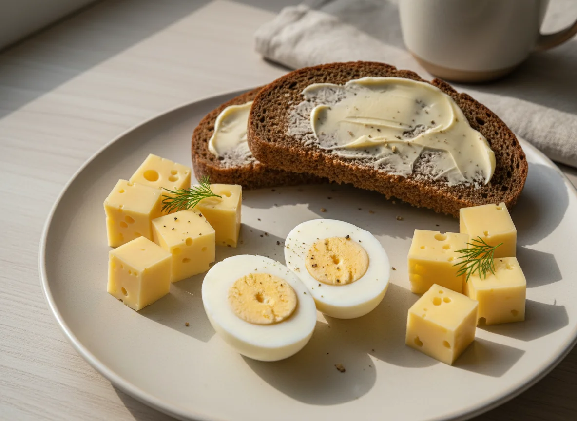 Завтрак с яйцами, хлебом, маслом и сыром photo