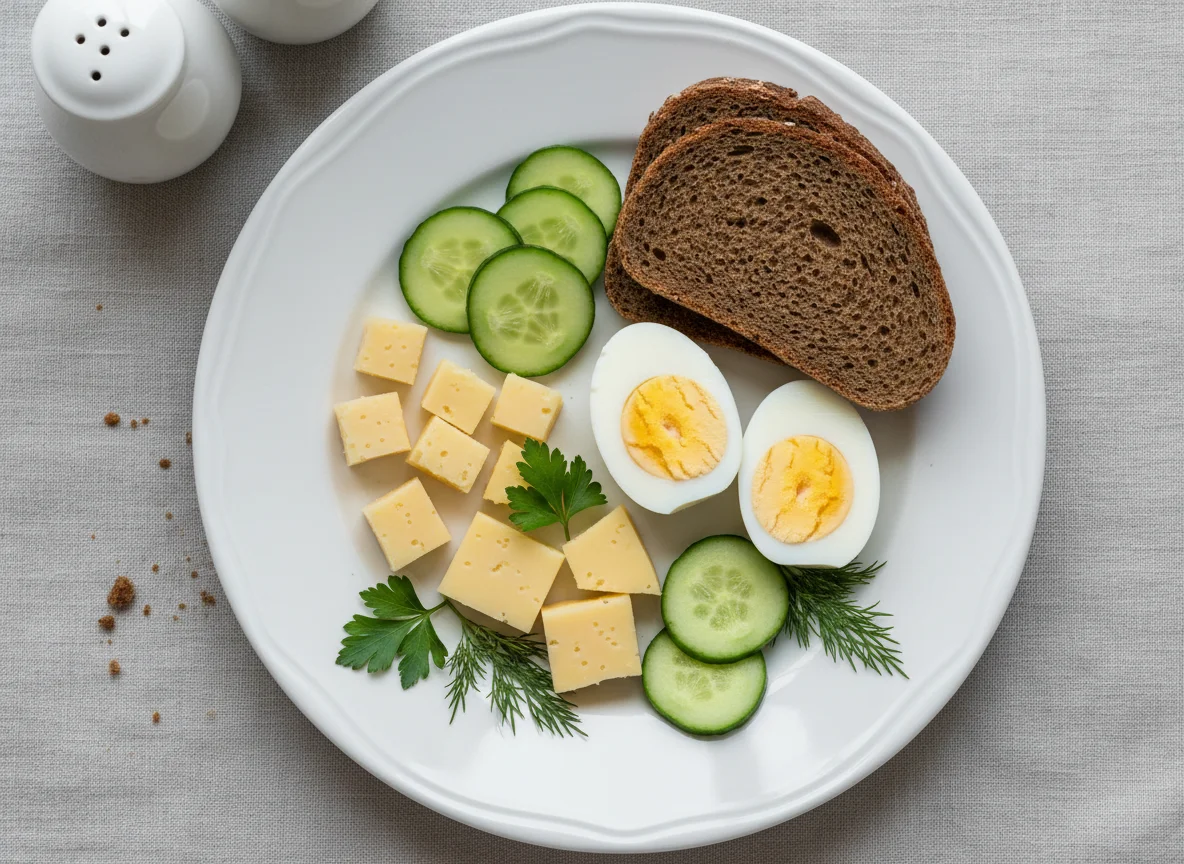 Завтрак с яйцами, хлебом, сыром и огурцами photo