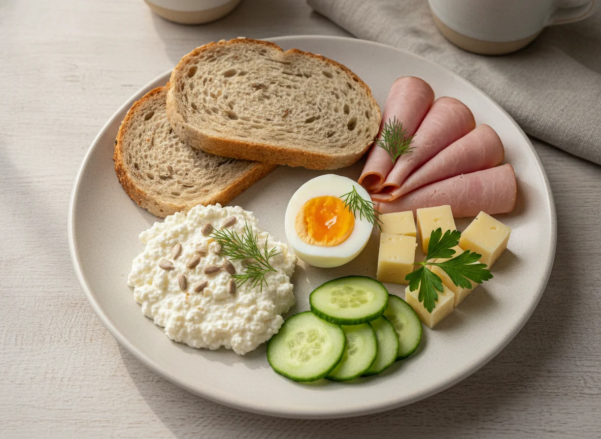 Завтрак с яйцами, хлебом, сыром и овощами photo
