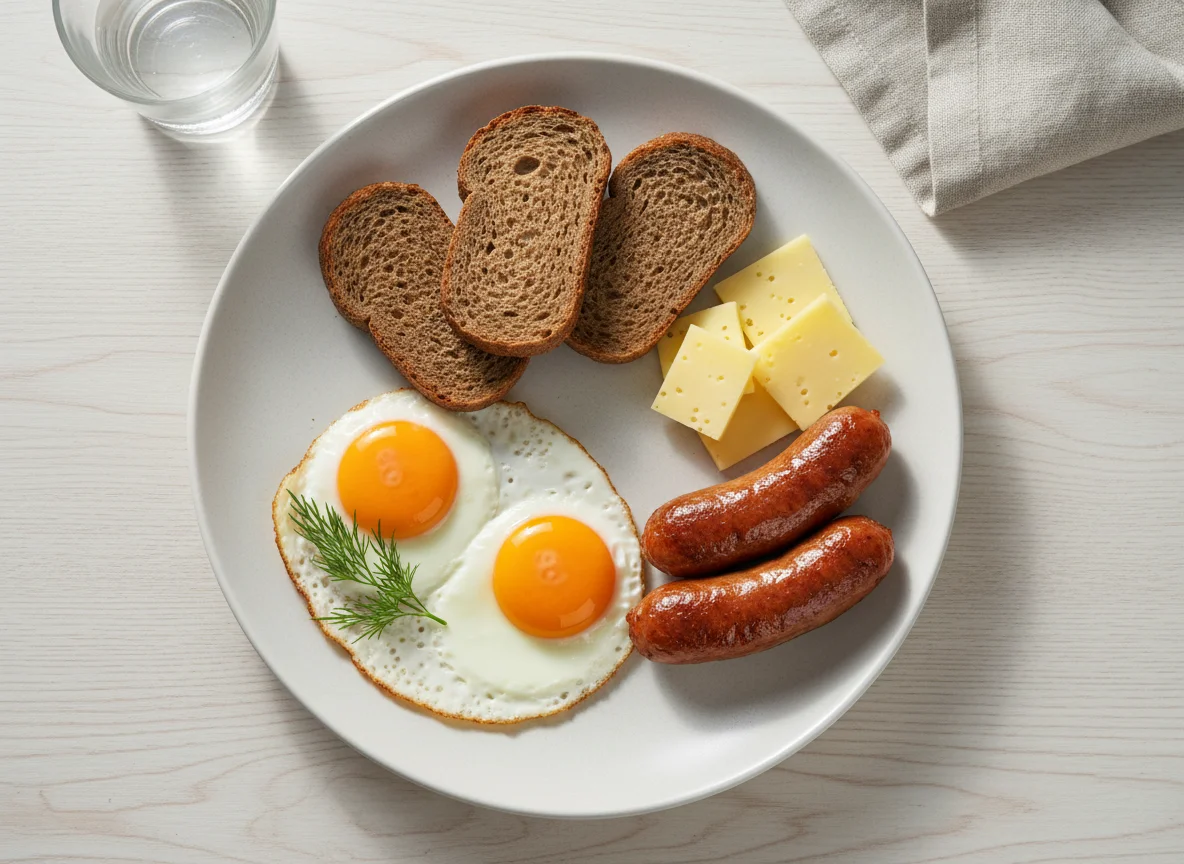 Завтрак с яйцами, хлебом, сыром и сосисками photo