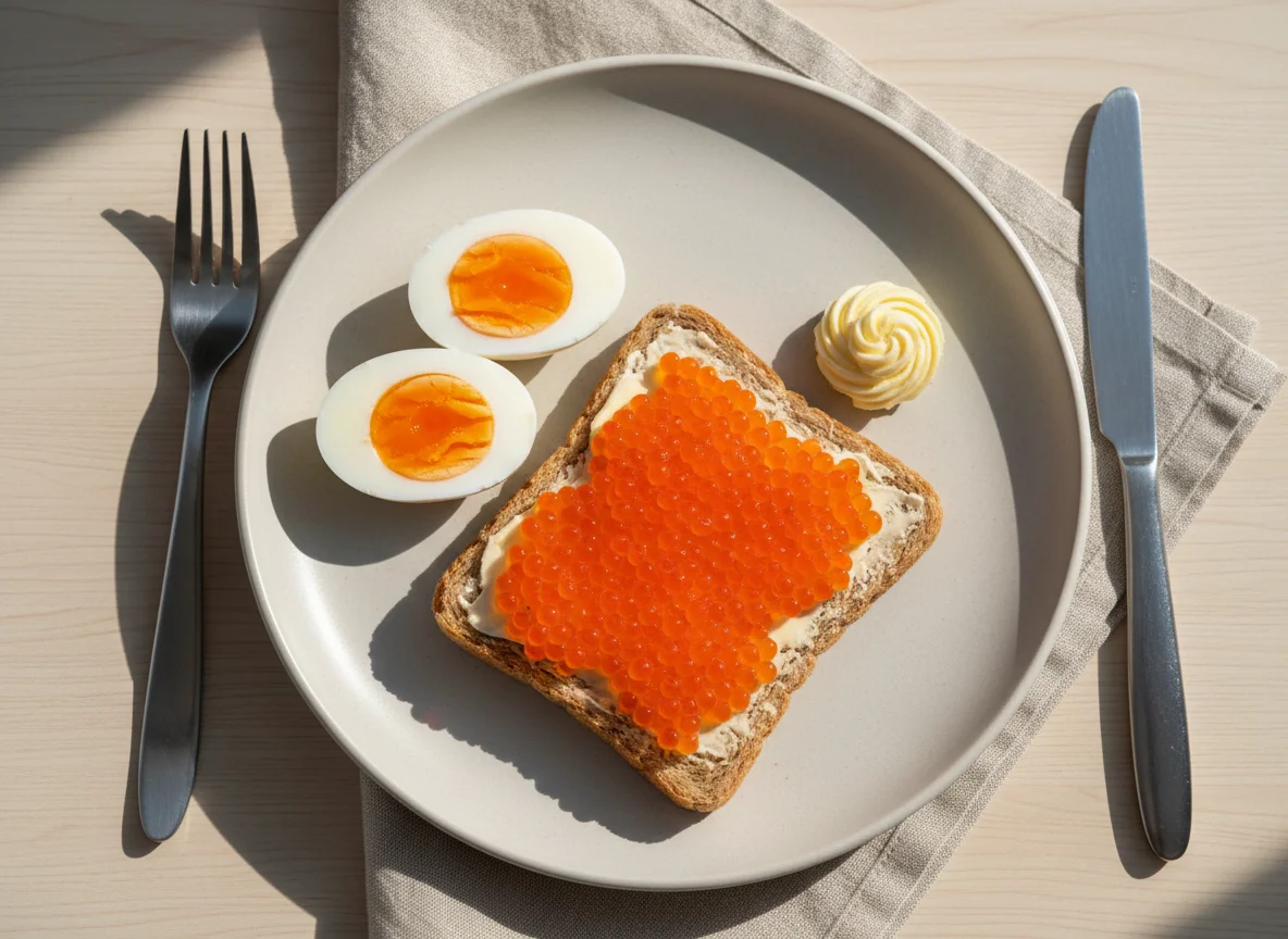 Завтрак с яйцами и бутербродом с икрой photo