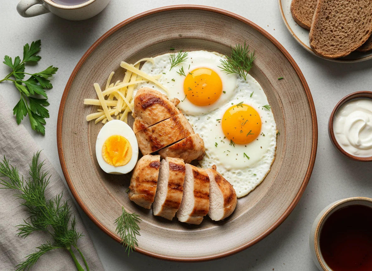 Завтрак с яйцами и курицей photo