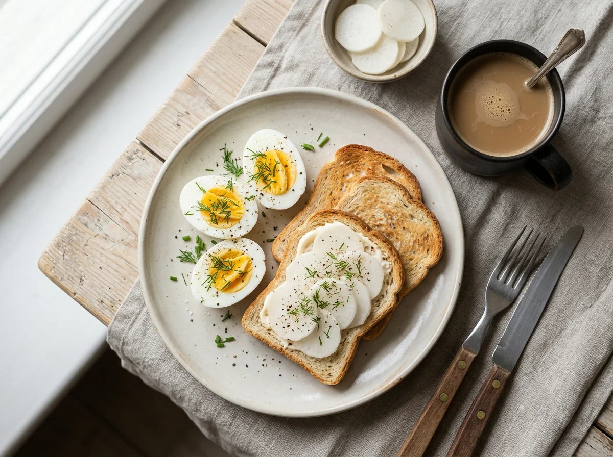 Завтрак с яйцами и тостами photo