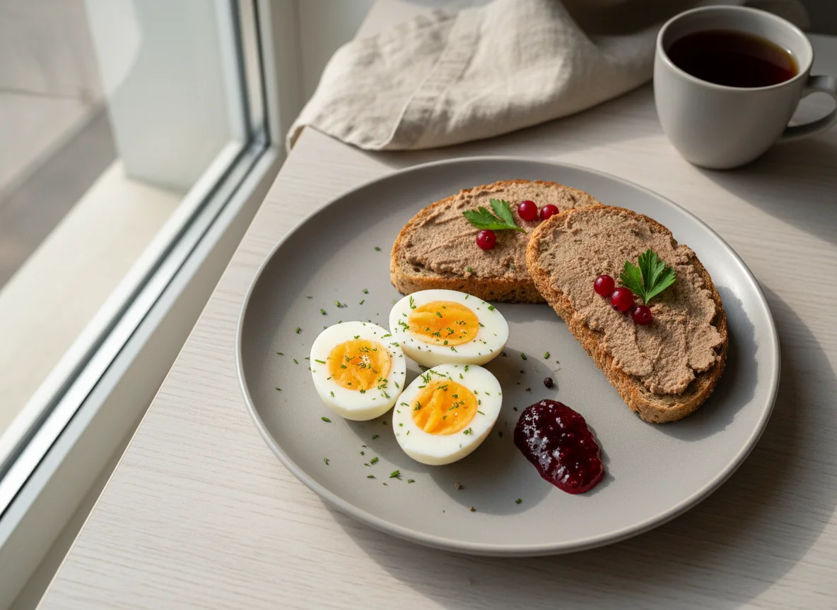 Завтрак с яйцами и тостом с паштетом photo