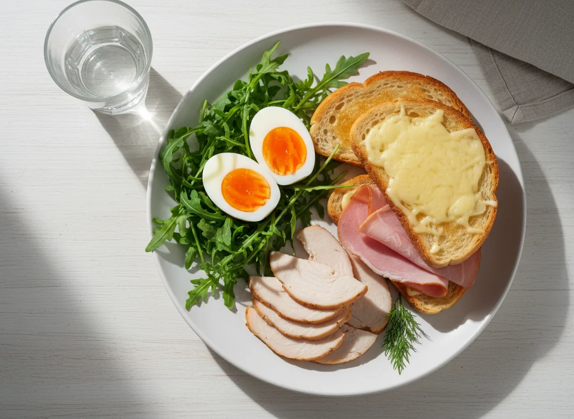 Завтрак с яйцами, индейкой, салатом и тостом photo