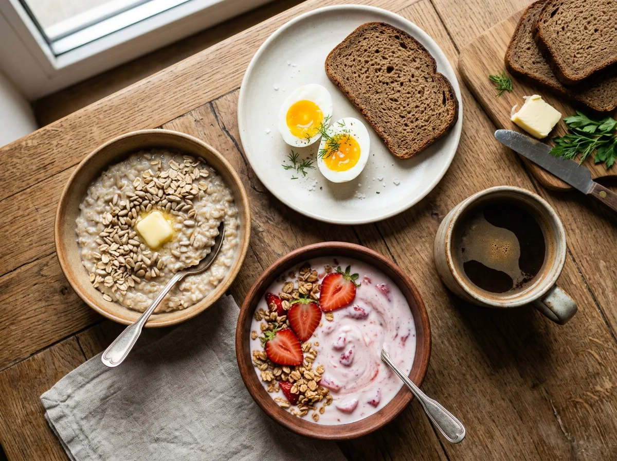 Завтрак с яйцами, кашей, йогуртом и кофе photo