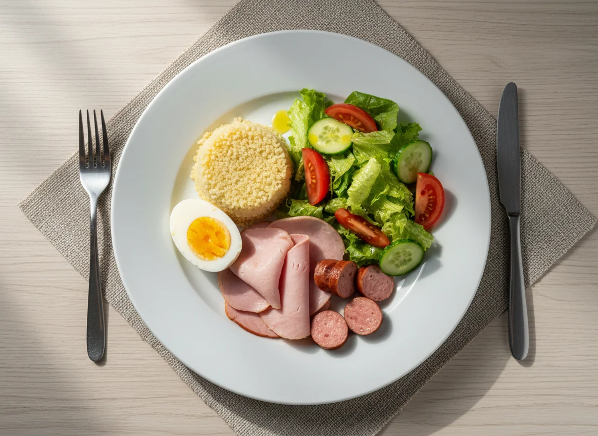 Завтрак с яйцами, кашей, колбасой и салатом photo