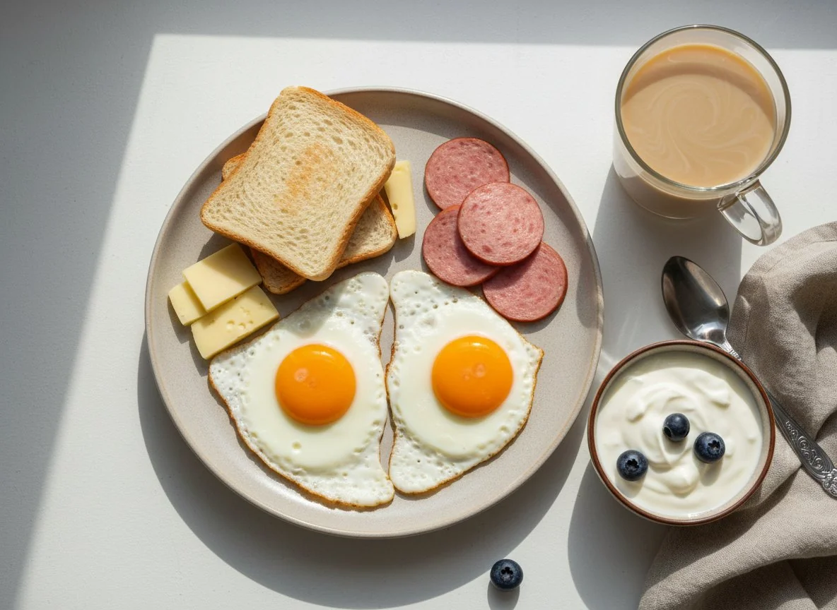 Завтрак с яйцами, колбасой и кофе photo