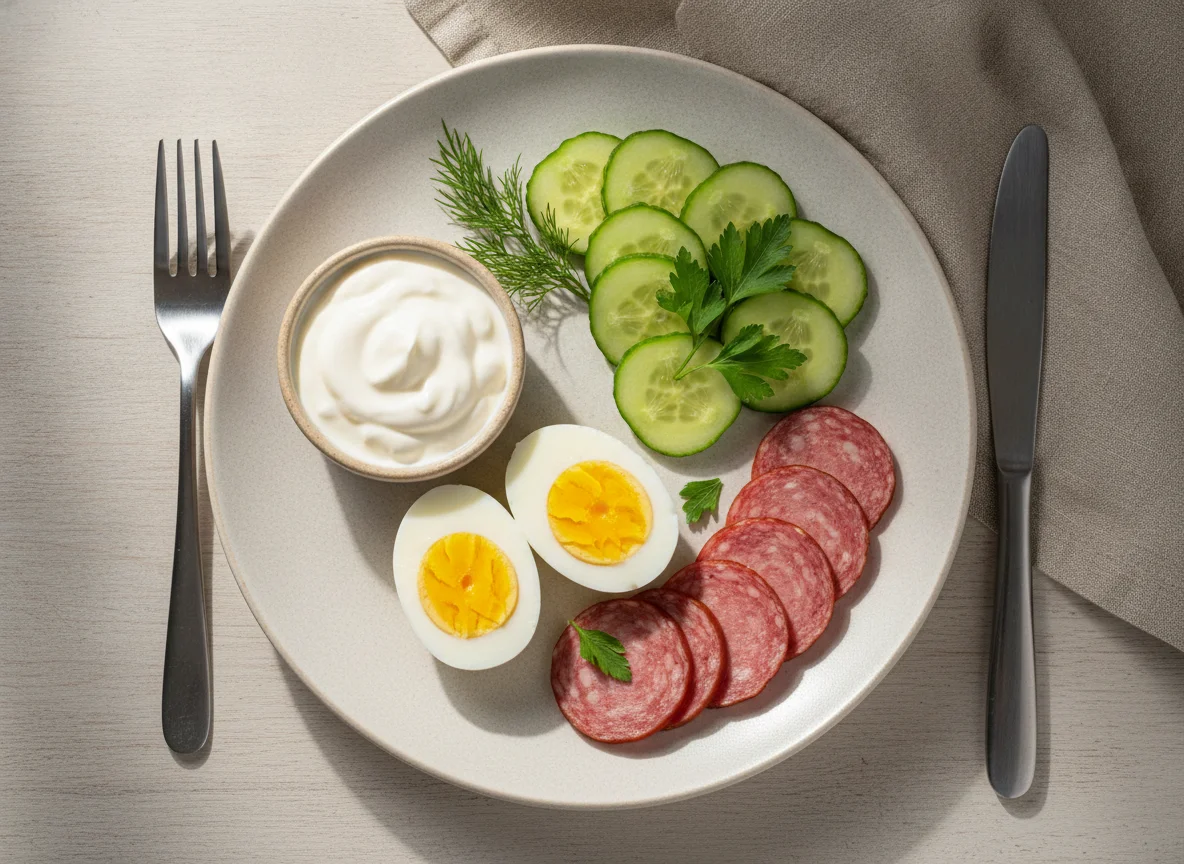 Завтрак с яйцами, колбасой и огурцом photo