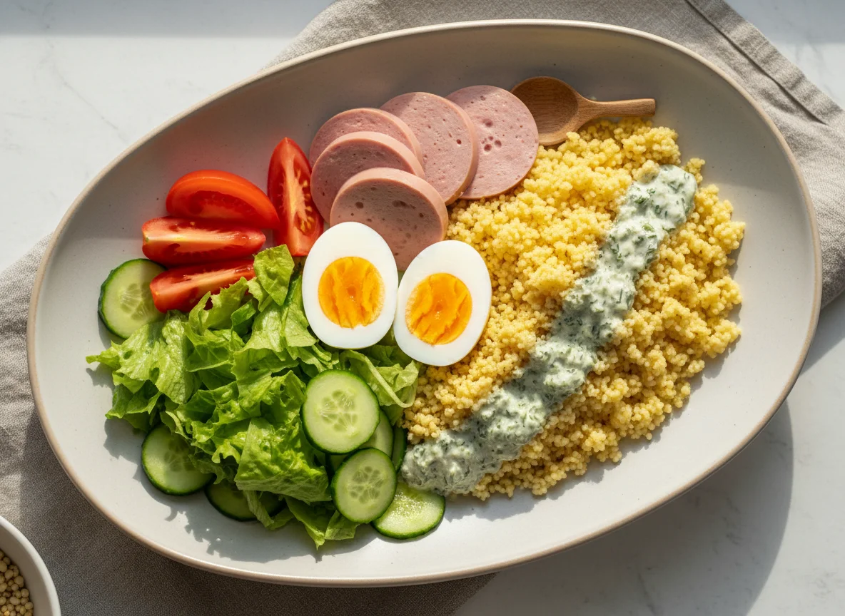 Завтрак с яйцами, колбасой, салатом и кускусом photo