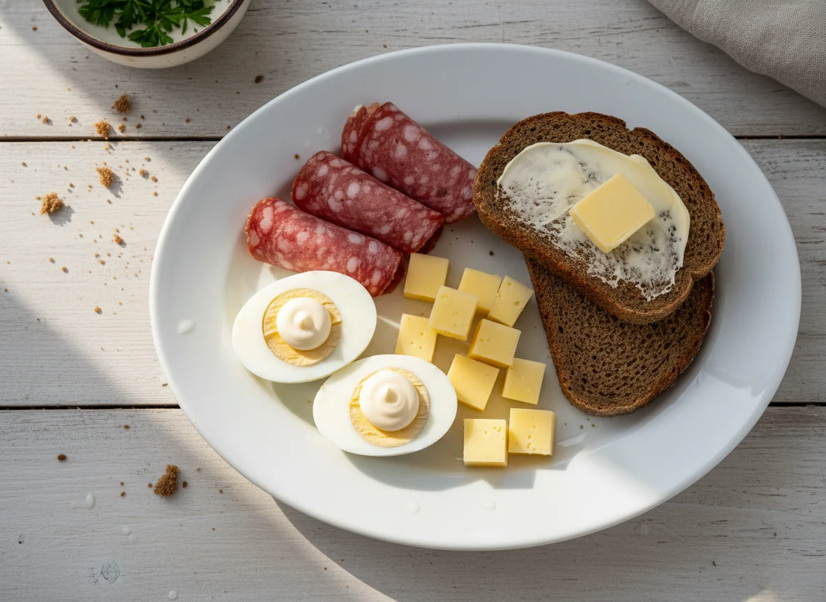 Завтрак с яйцами, колбасой, сыром и хлебом photo