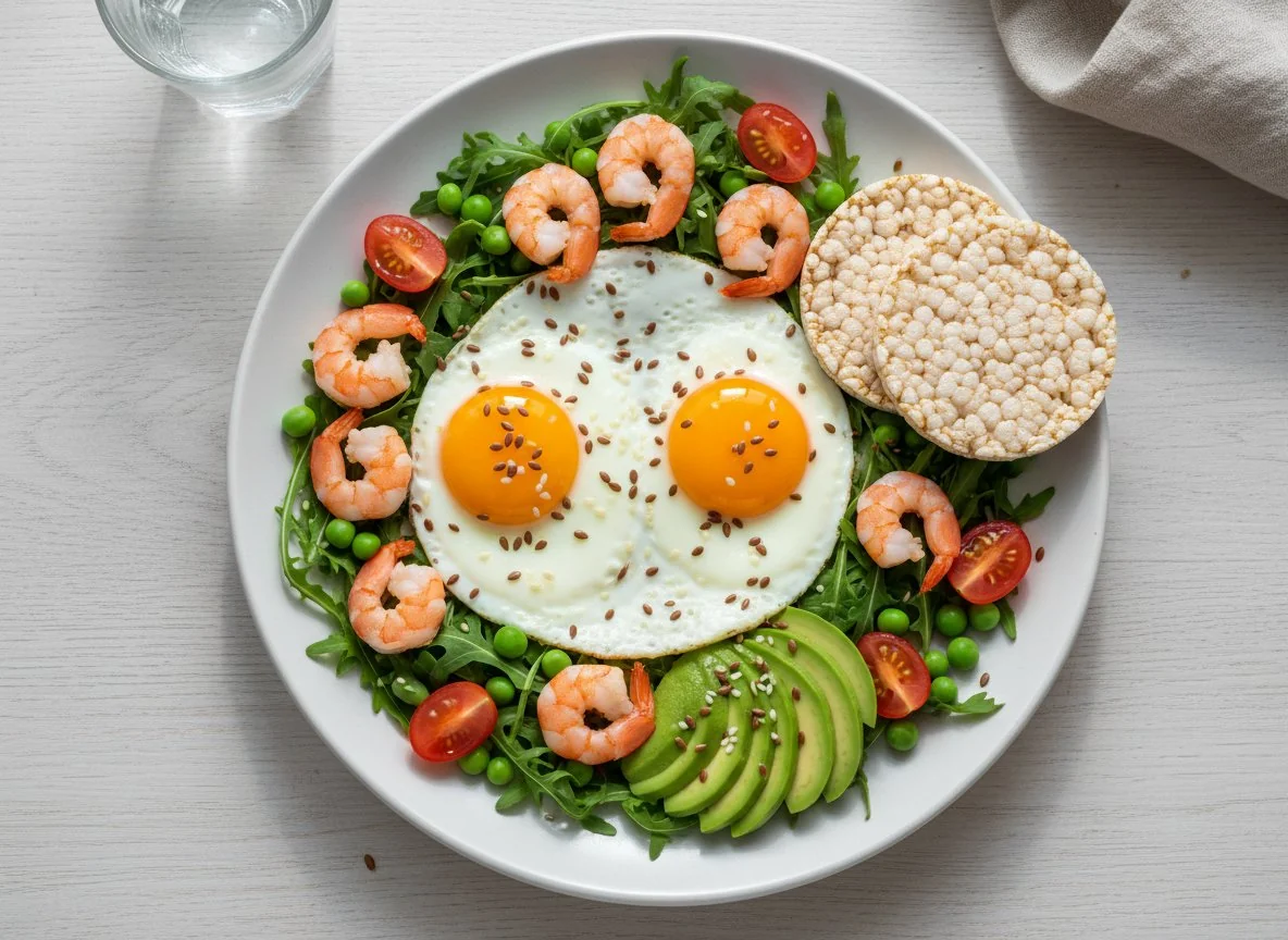 Завтрак с яйцами, креветками и овощами photo