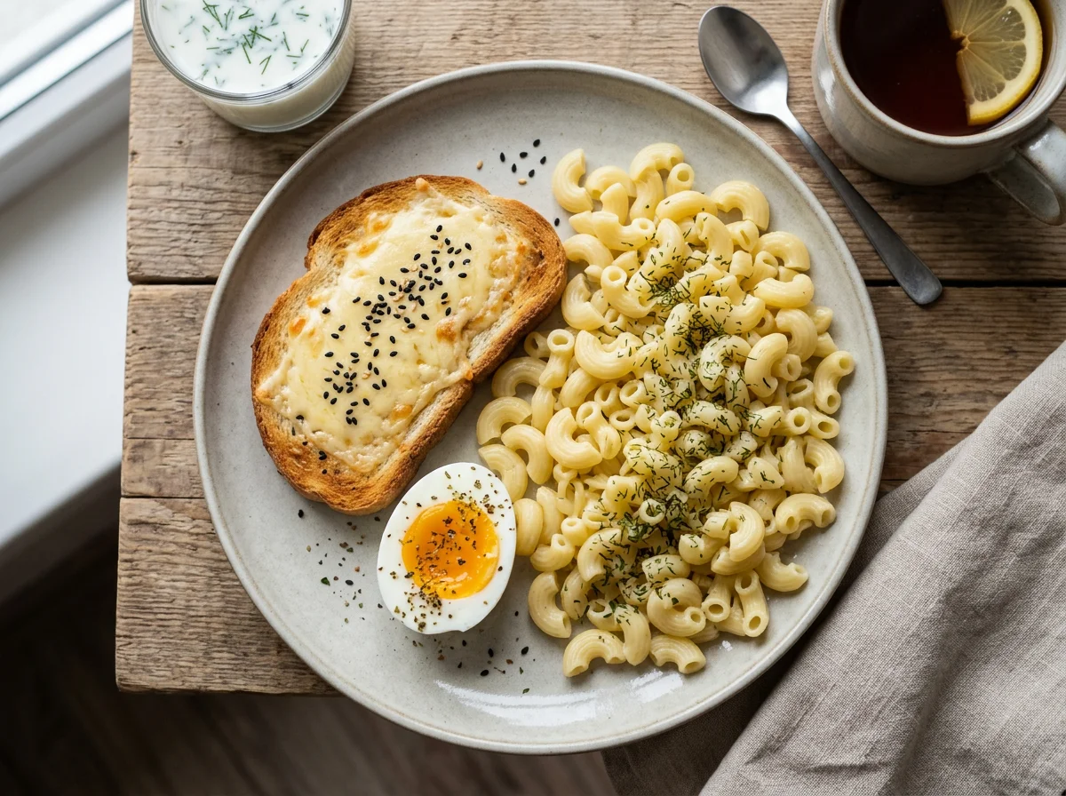 Завтрак с яйцами, макаронами и тостом с сыром photo