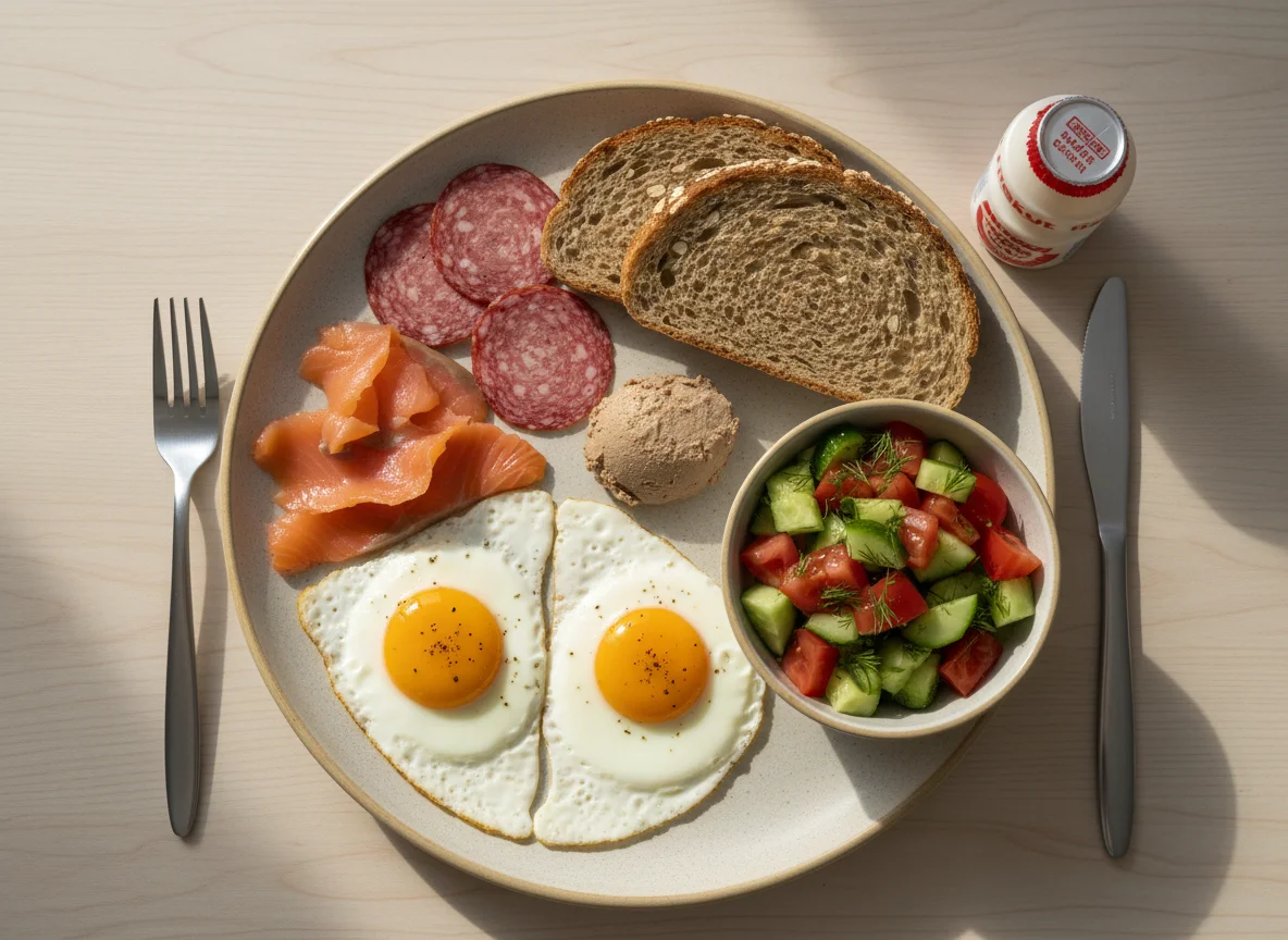 Завтрак с яйцами, мясом, салатом и тостами photo