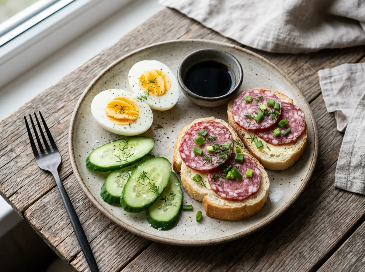Завтрак с яйцами, огурцами и бутербродами с колбасой photo