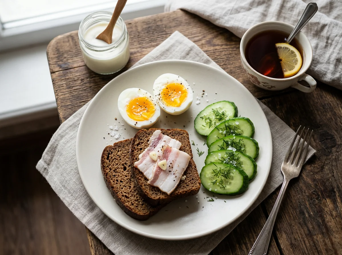 Завтрак с яйцами, огурцами и салом photo