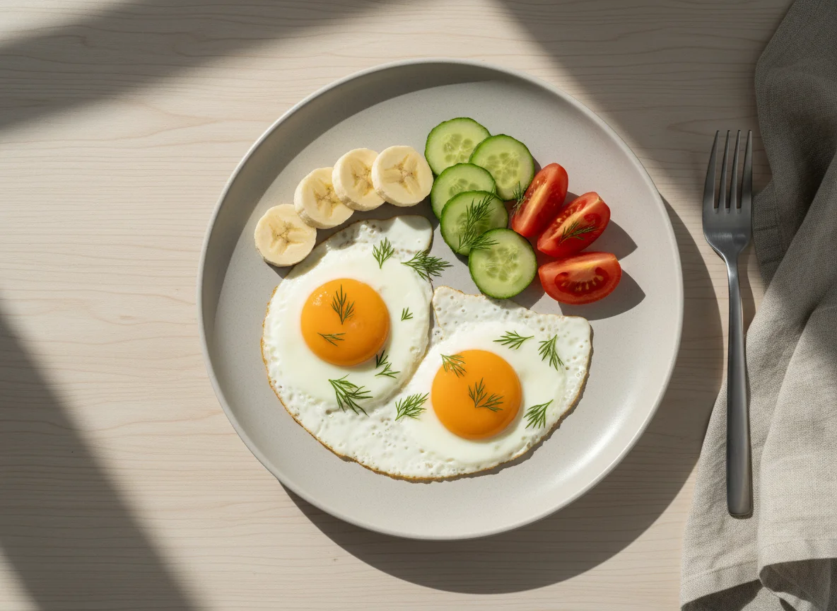 Завтрак с яйцами, овощами и бананом photo