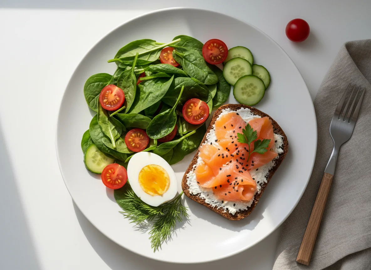 Завтрак с яйцами, овощами и бутербродом с лососем photo