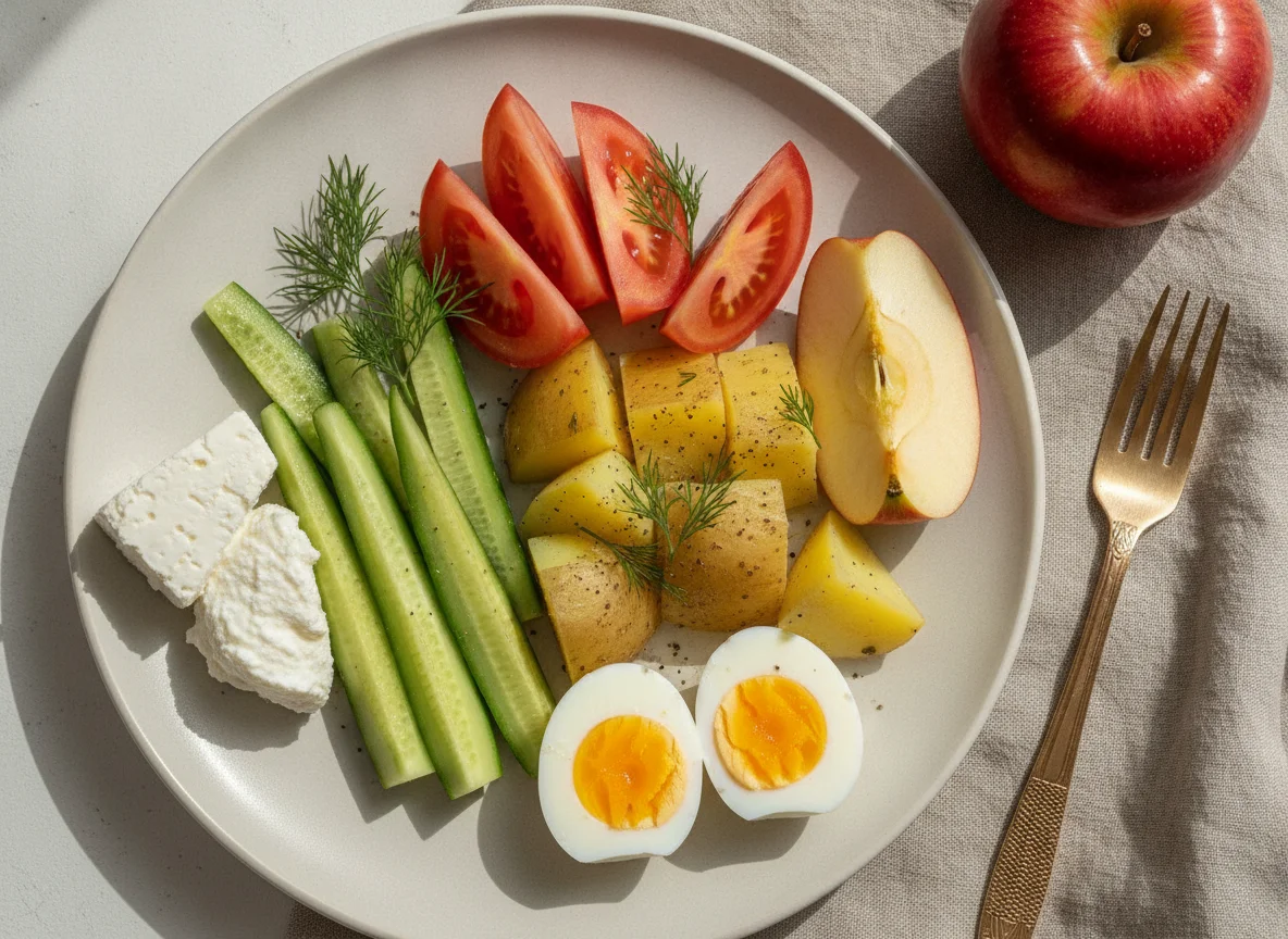 Завтрак с яйцами, овощами и фруктами photo
