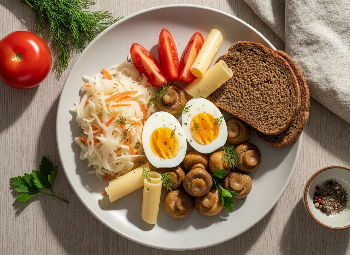 Завтрак с яйцами, овощами и грибами photo