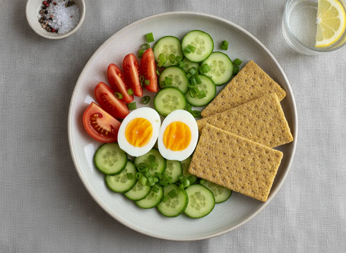 Завтрак с яйцами, овощами и хлебцем photo