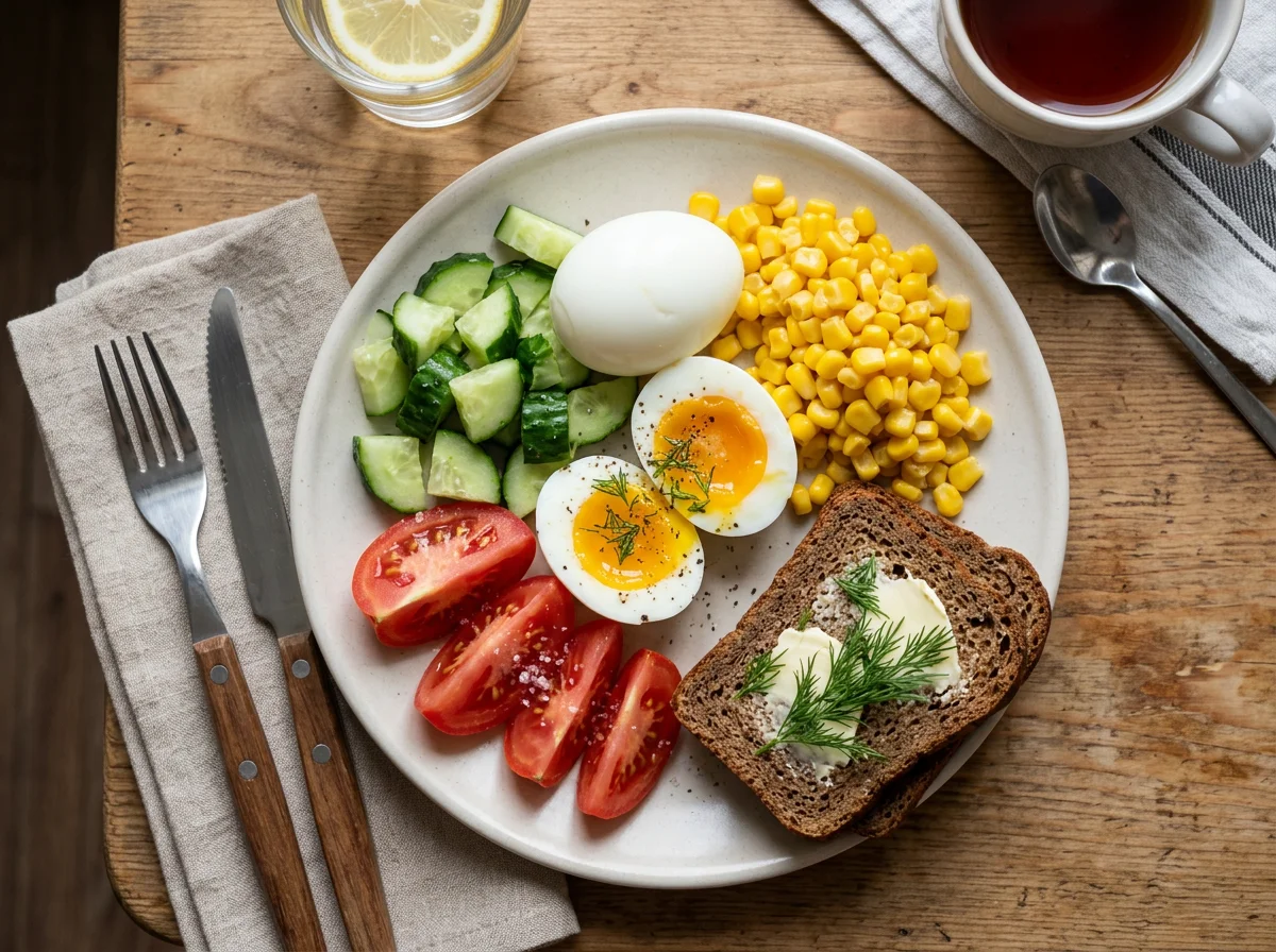 Завтрак с яйцами, овощами и кукурузой photo