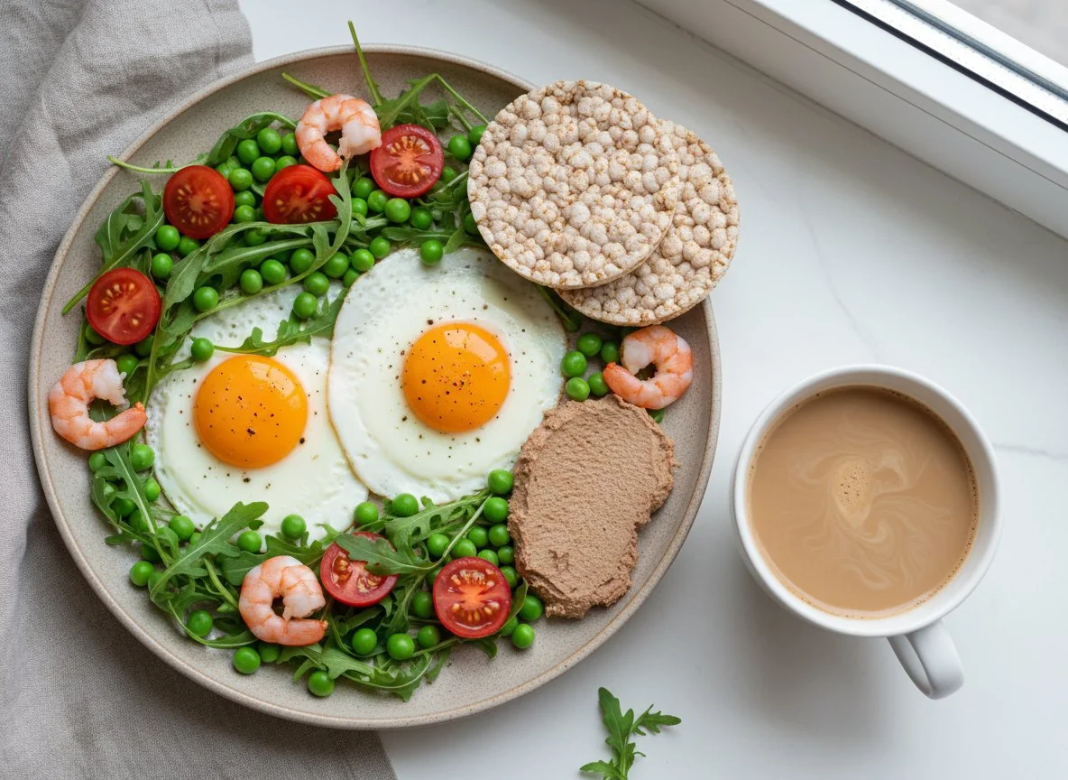 Завтрак с яйцами, овощами и паштетом photo